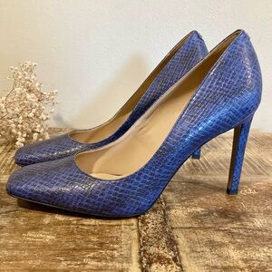 Sam Edelman Navy Blue Snakeprint-Embossed Square Toe Heels 11 Beth Marlin Blue